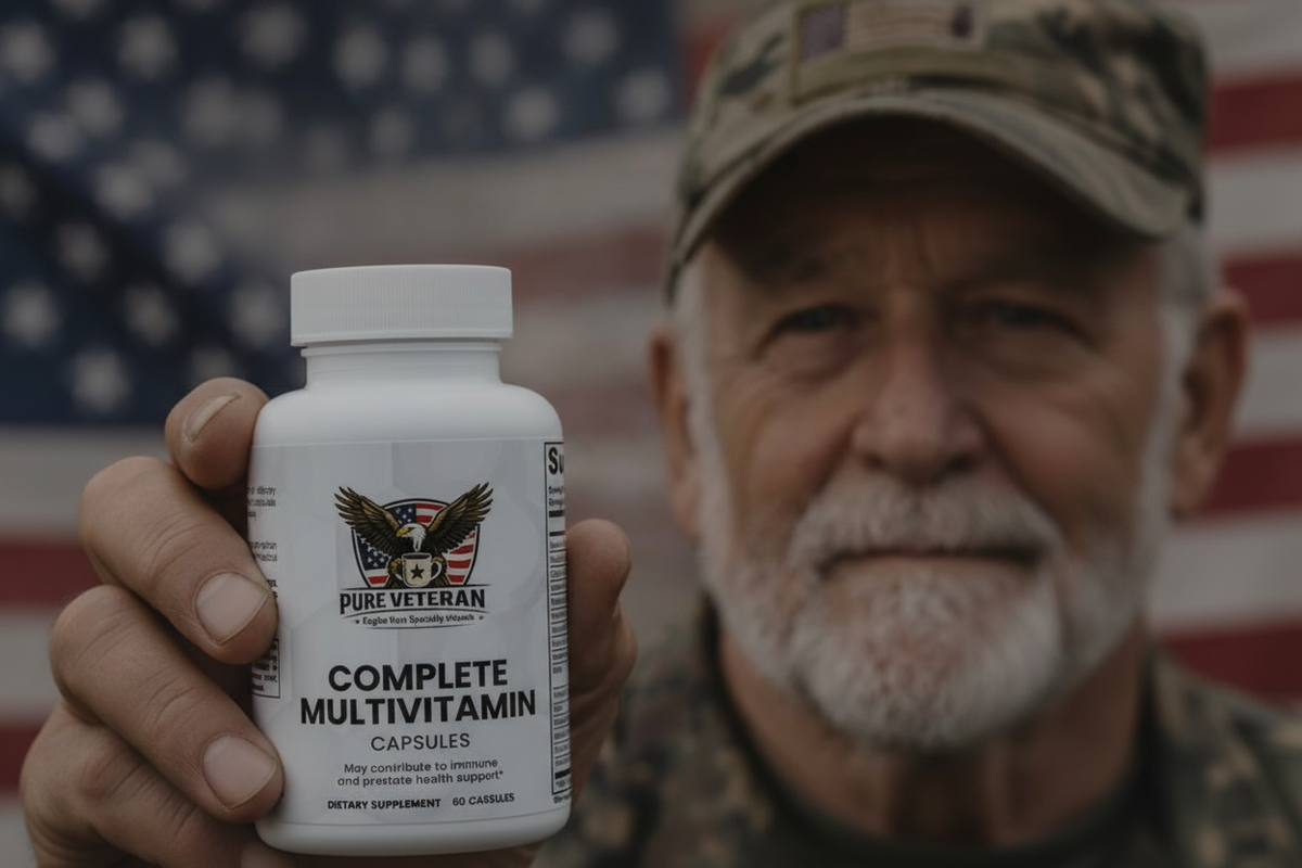 Veteran holding Complete Multivitamin bottle